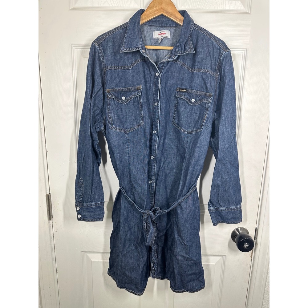 Wrangler Dress Womens XXL Blue Denim Western Snap Front Tie Waist Long Sleeve - Picture 8 of 8